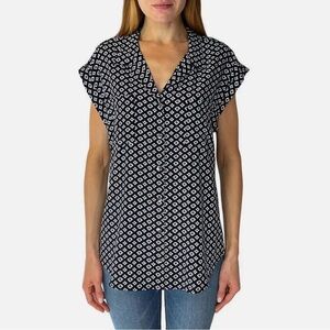 Jachs Girlfriend NY Womens Navy Geo Top Sz M Button-Up Geometric Pockets Aztec